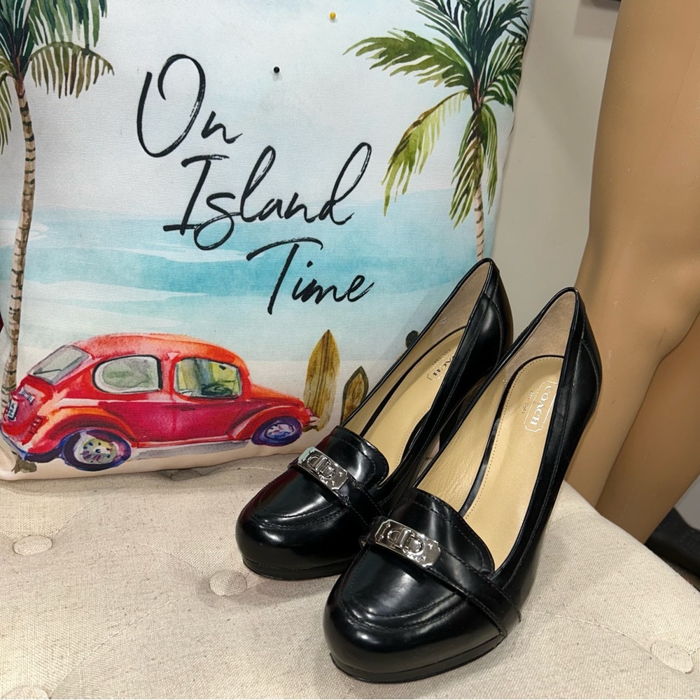 COACH Luisa Classic Black Leather Closed Toe Silver Buckle Loafer Heels